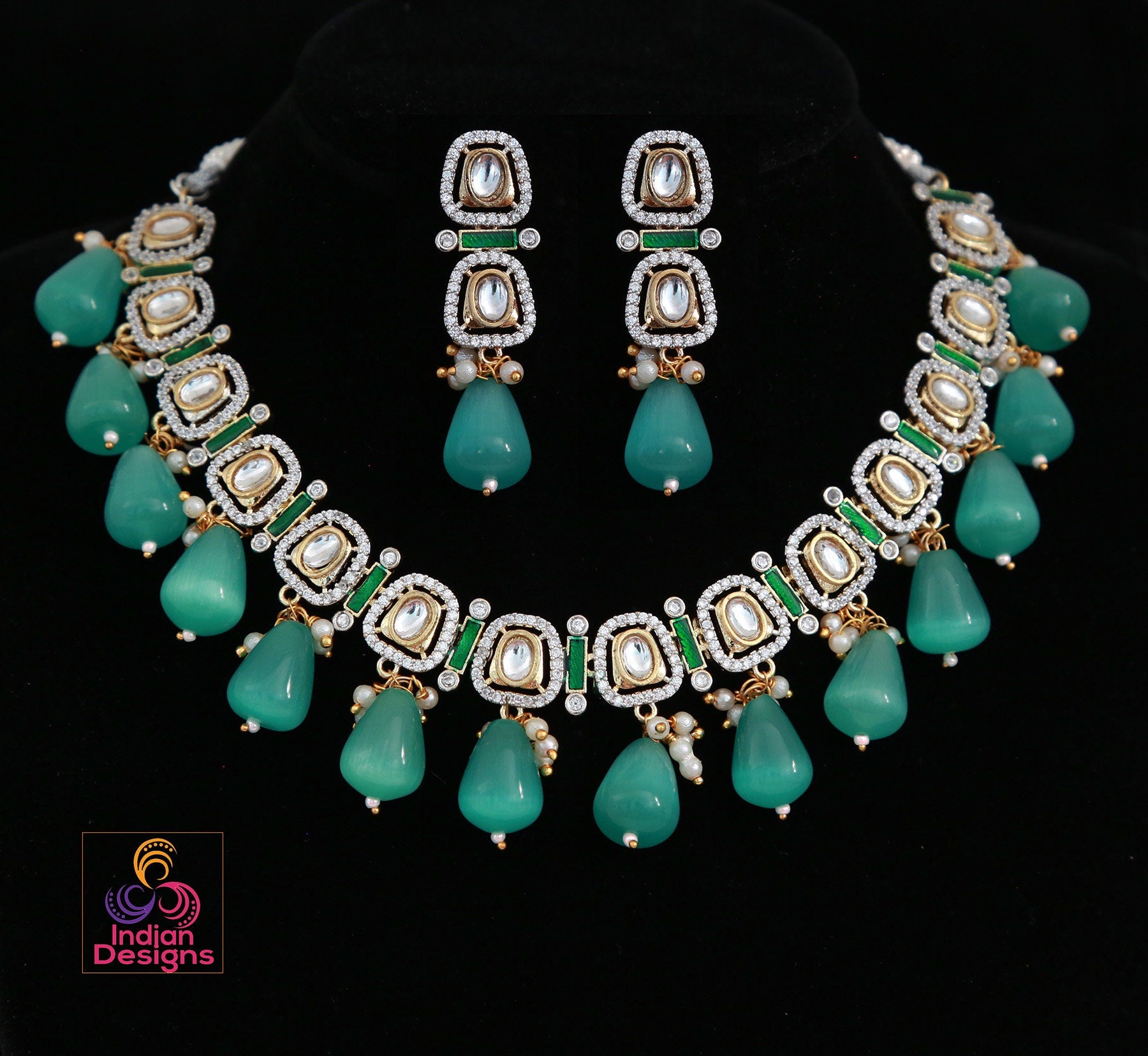 Elegant Traditional Indian Jewelry Set, Bridal Kundan Necklace with Earrings, Ethnic Wedding Jewellery, Statement Blue Teardrop Pendant