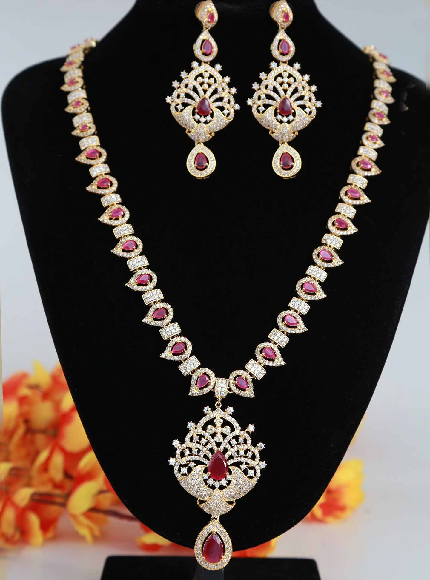 Gold Plated American Diamond Long Necklace and Earrings Set| CZ Diamond Topaz/Ruby/Emerald Stones studded Indian Wedding Bridal Jewelry