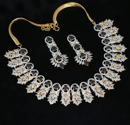 Exquisite Emerald Green & Crystal Necklace Set Bridal Statement Jewelry| Gold plated American Diamond Wedding choker necklace with Earrings