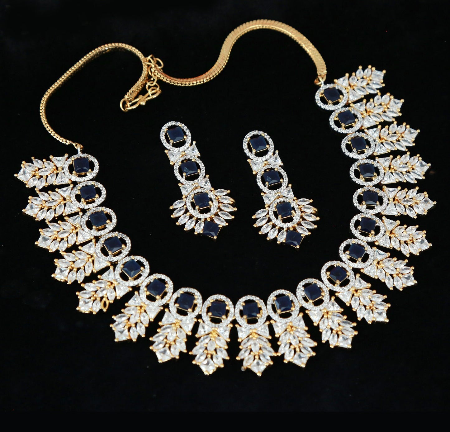 Exquisite Emerald Green & Crystal Necklace Set Bridal Statement Jewelry| Gold plated American Diamond Wedding choker necklace with Earrings