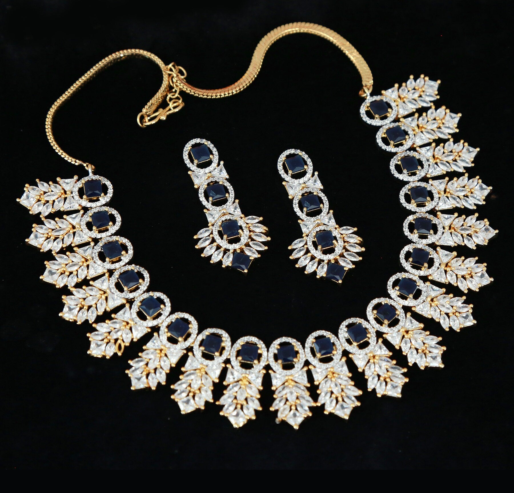 Exquisite Emerald Green & Crystal Necklace Set Bridal Statement Jewelry| Gold plated American Diamond Wedding choker necklace with Earrings