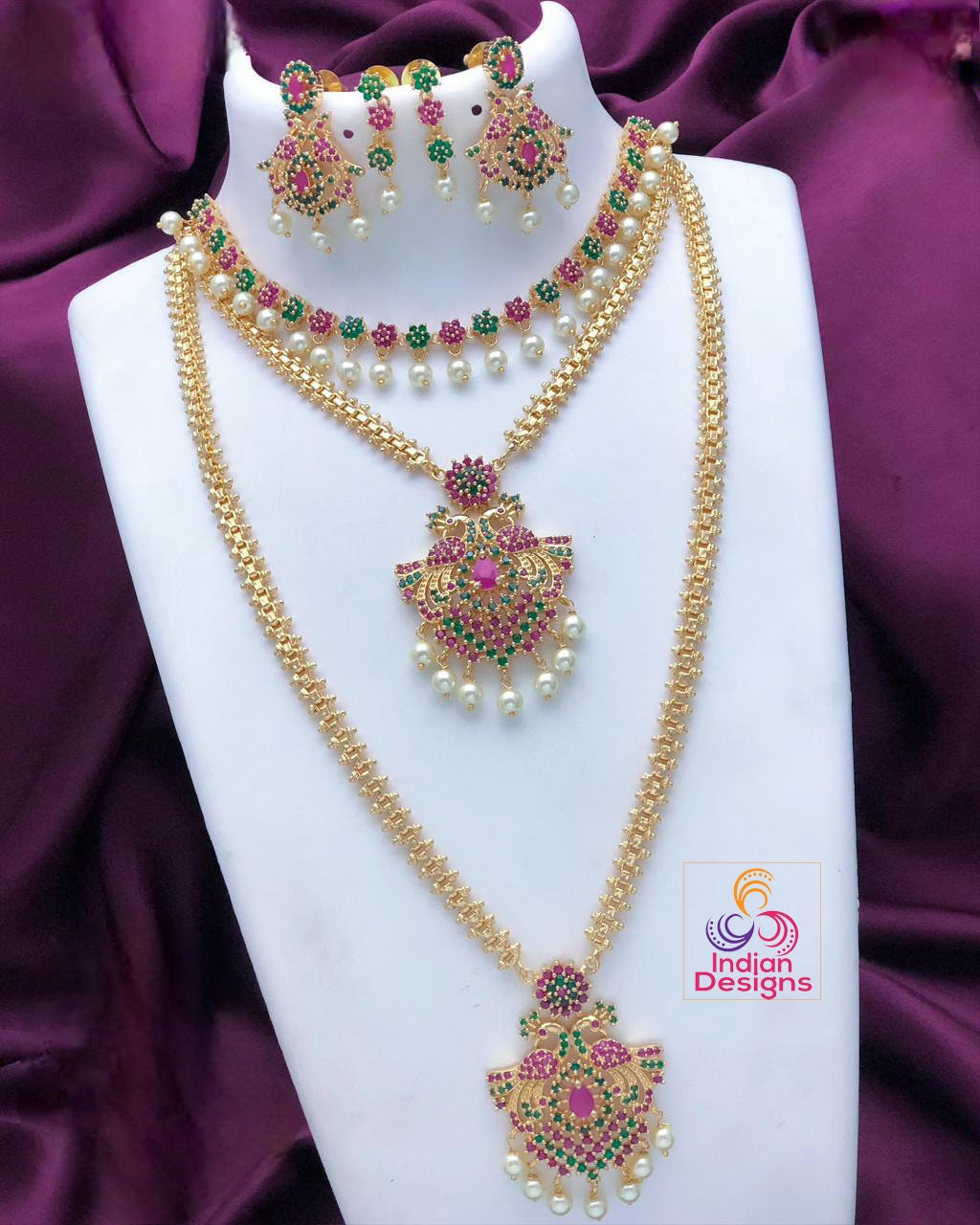 Gold Plated American Diamond CZ Haram Long & short necklace combo, South Indian Wedding Jewelry set, Bollywood fashion Jewelry, Gift for Her