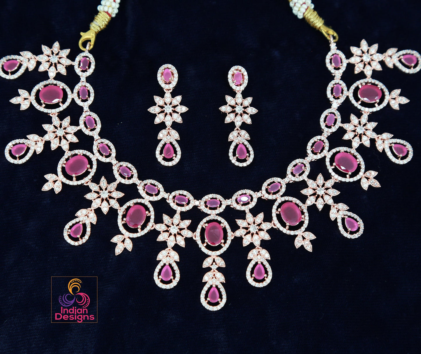 American Diamond Rose Gold Necklace Earrings Wedding Necklace set | Pink Cz Stone Indian Jewelry |Statement Necklace |Indian Designs Jewelry