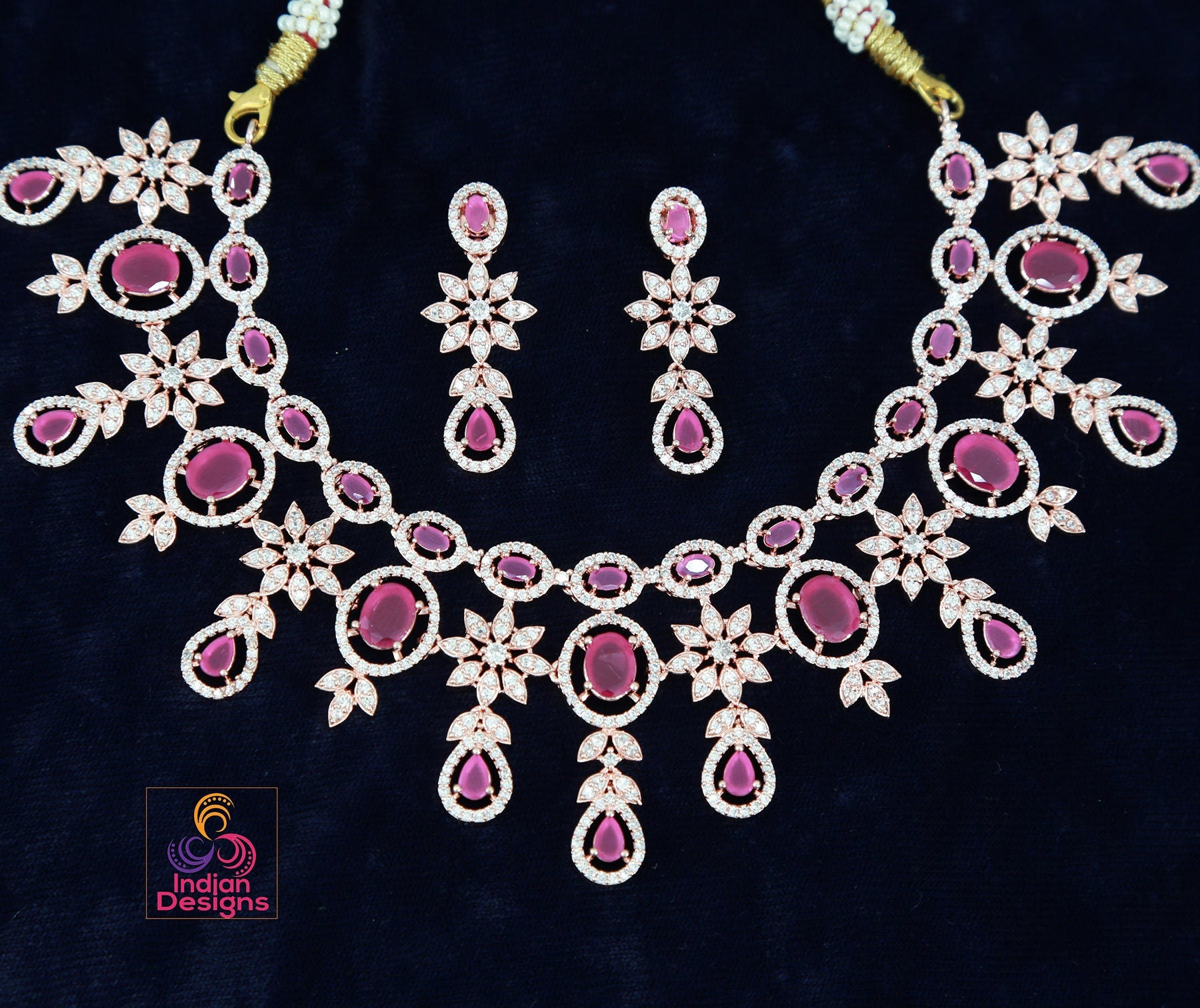 American Diamond Rose Gold Necklace Earrings Wedding Necklace set | Pink Cz Stone Indian Jewelry |Statement Necklace |Indian Designs Jewelry