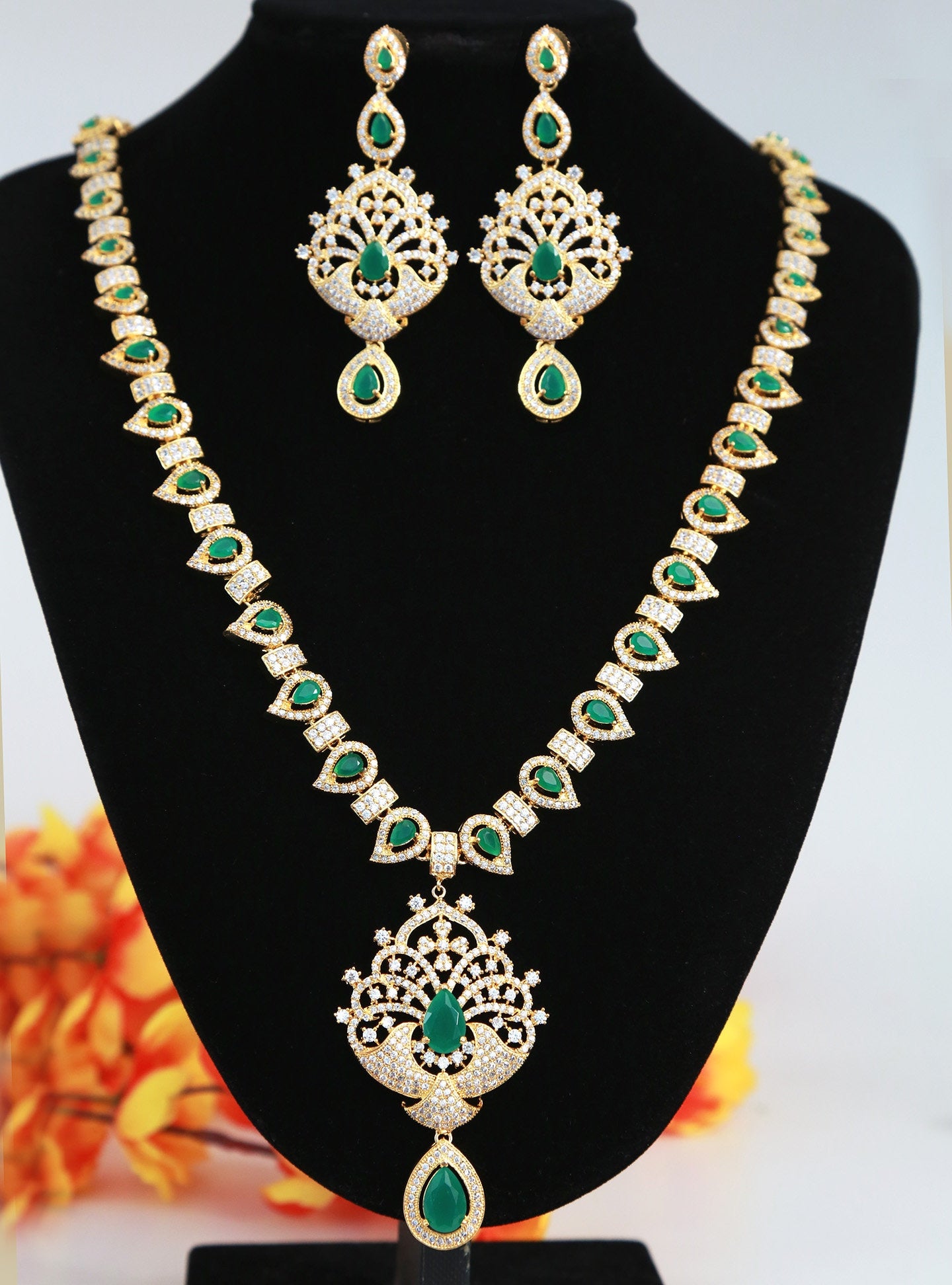 Gold Plated American Diamond Long Necklace and Earrings Set| CZ Diamond Topaz/Ruby/Emerald Stones studded Indian Wedding Bridal Jewelry