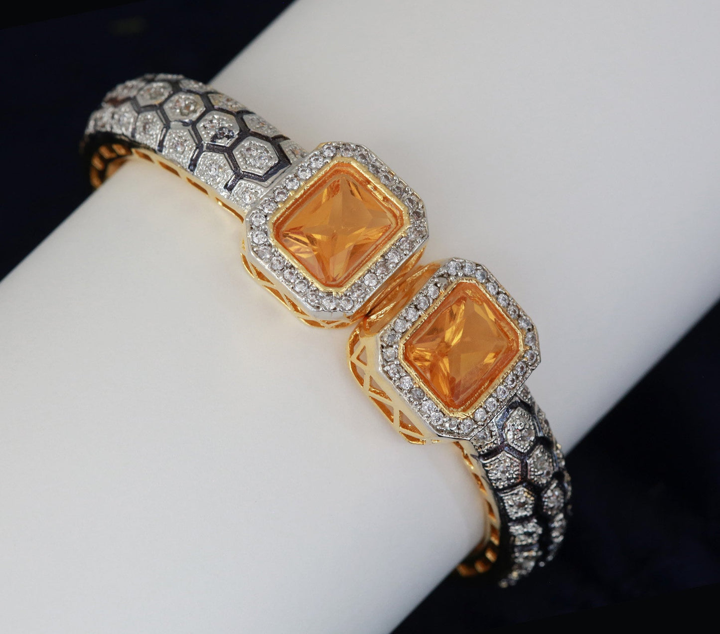 Openable American Diamond kanda bangle | Indian Designs Stylish CZ AD bracelet | Gold Plated Trendy Sapphire Orange stone bangle bracelet