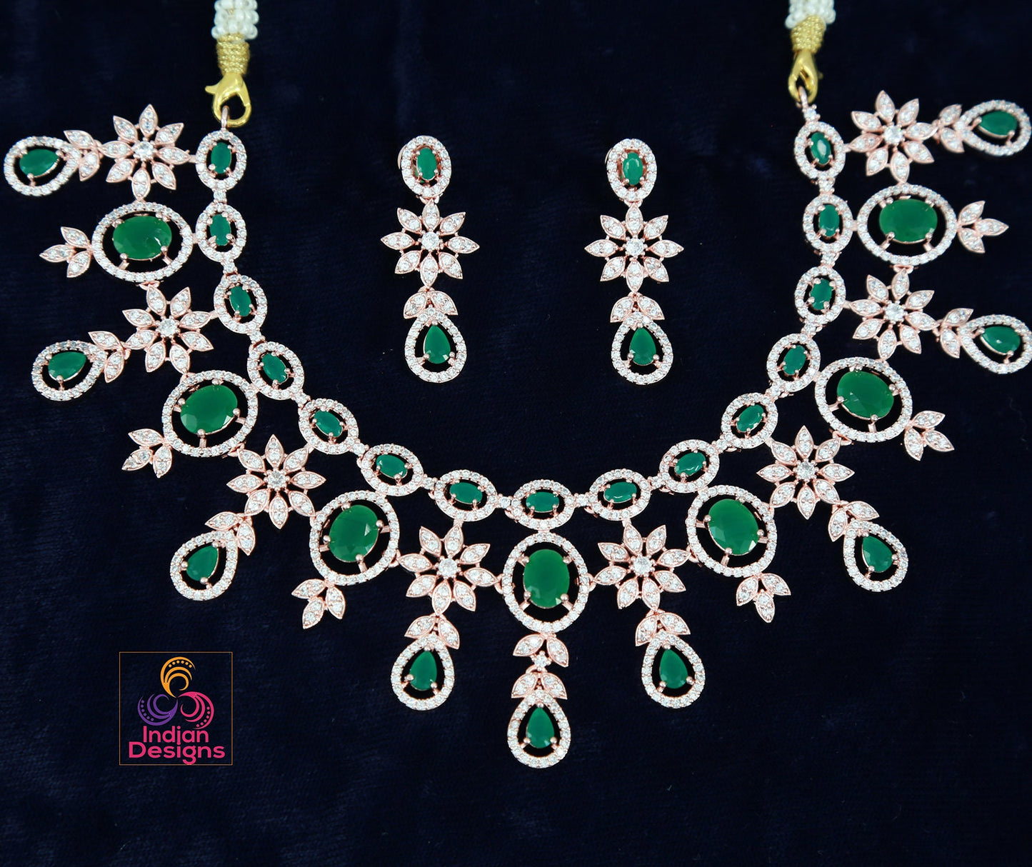 American Diamond Rose Gold Necklace Earrings Wedding Necklace set | Pink Cz Stone Indian Jewelry |Statement Necklace |Indian Designs Jewelry