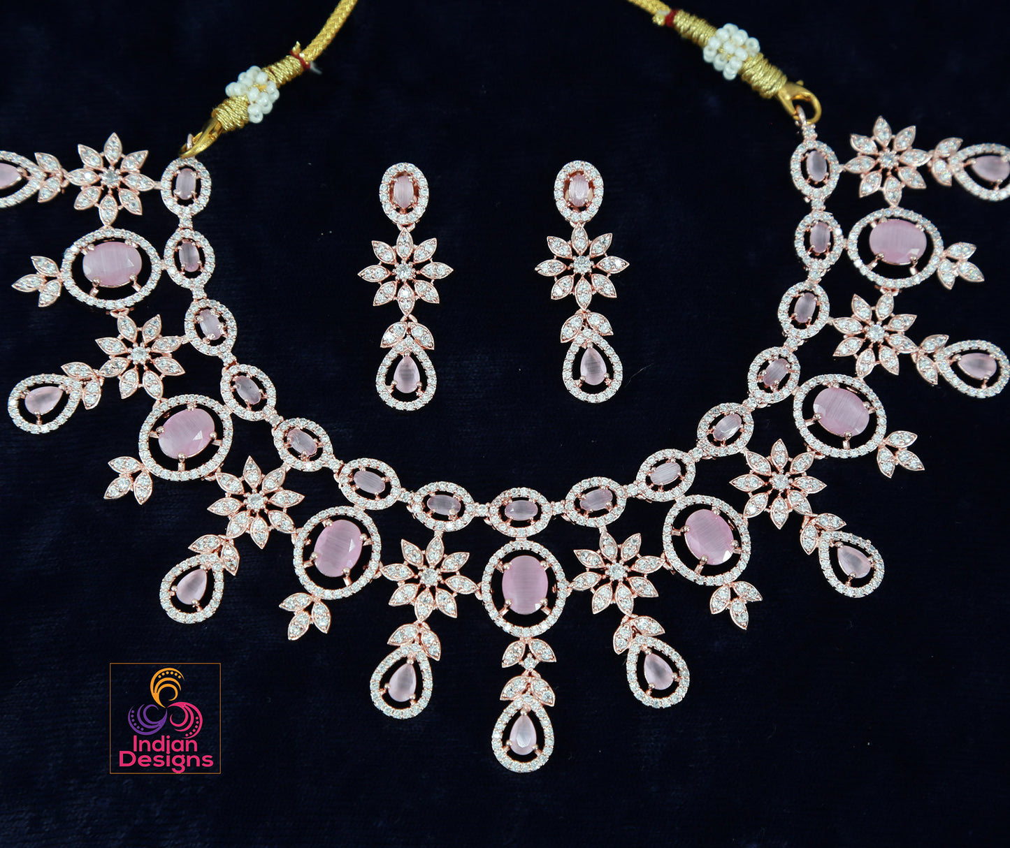 American Diamond Rose Gold Necklace Earrings Wedding Necklace set | Pink Cz Stone Indian Jewelry |Statement Necklace |Indian Designs Jewelry