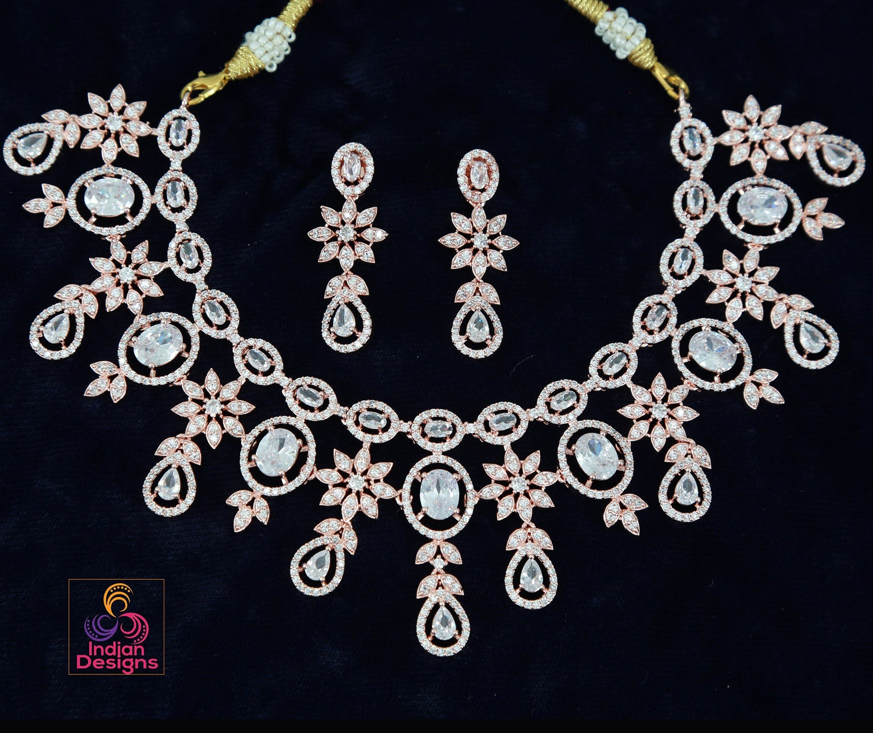 Rose Gold American Diamond Necklace Earrings Wedding Jewelry set