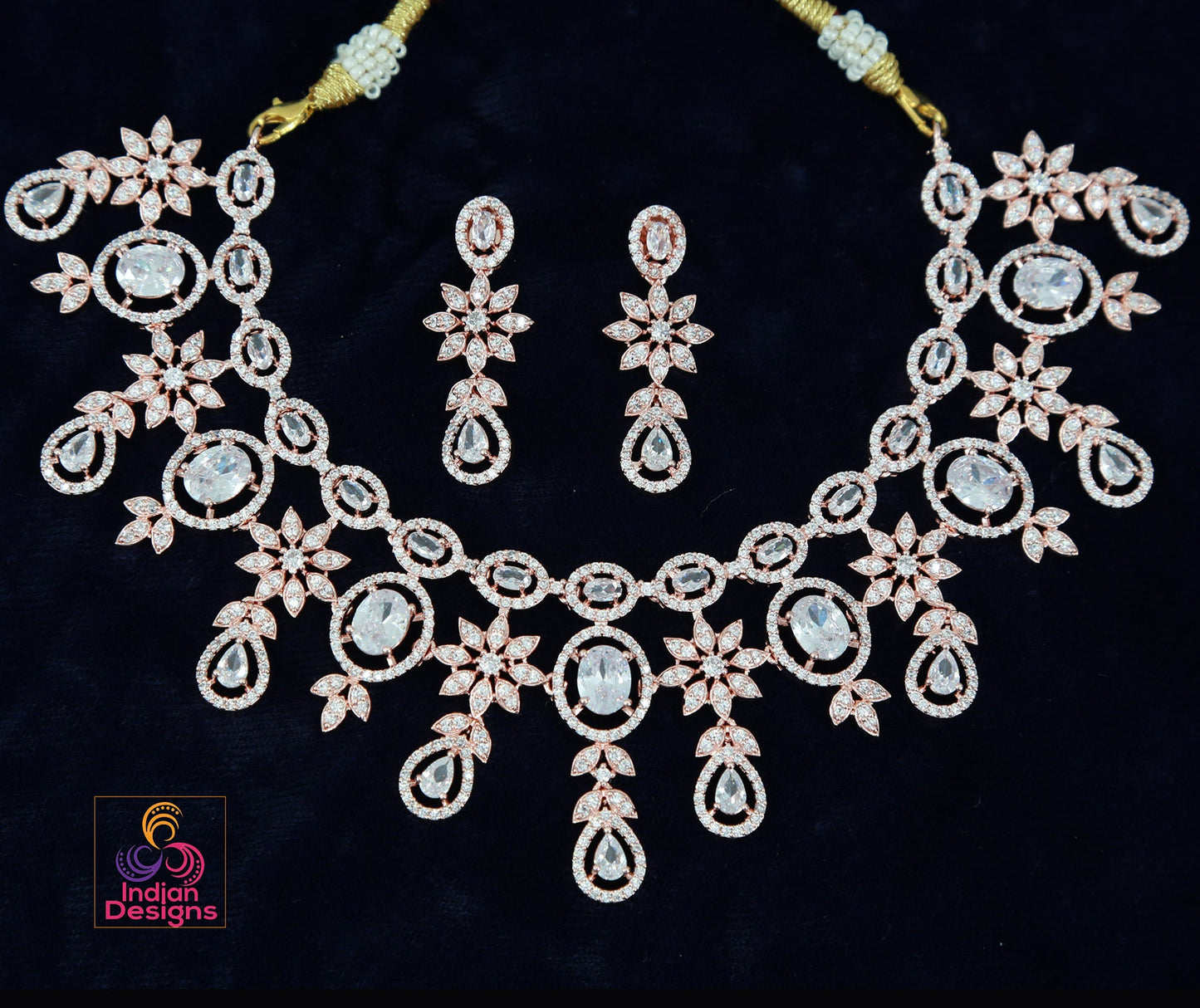 American Diamond Rose Gold Necklace Earrings Wedding Necklace set | Pink Cz Stone Indian Jewelry |Statement Necklace |Indian Designs Jewelry