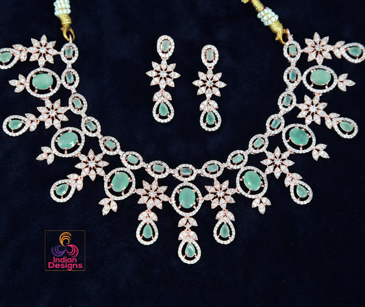 American Diamond Rose Gold Necklace Earrings Wedding Necklace set | Pink Cz Stone Indian Jewelry |Statement Necklace |Indian Designs Jewelry