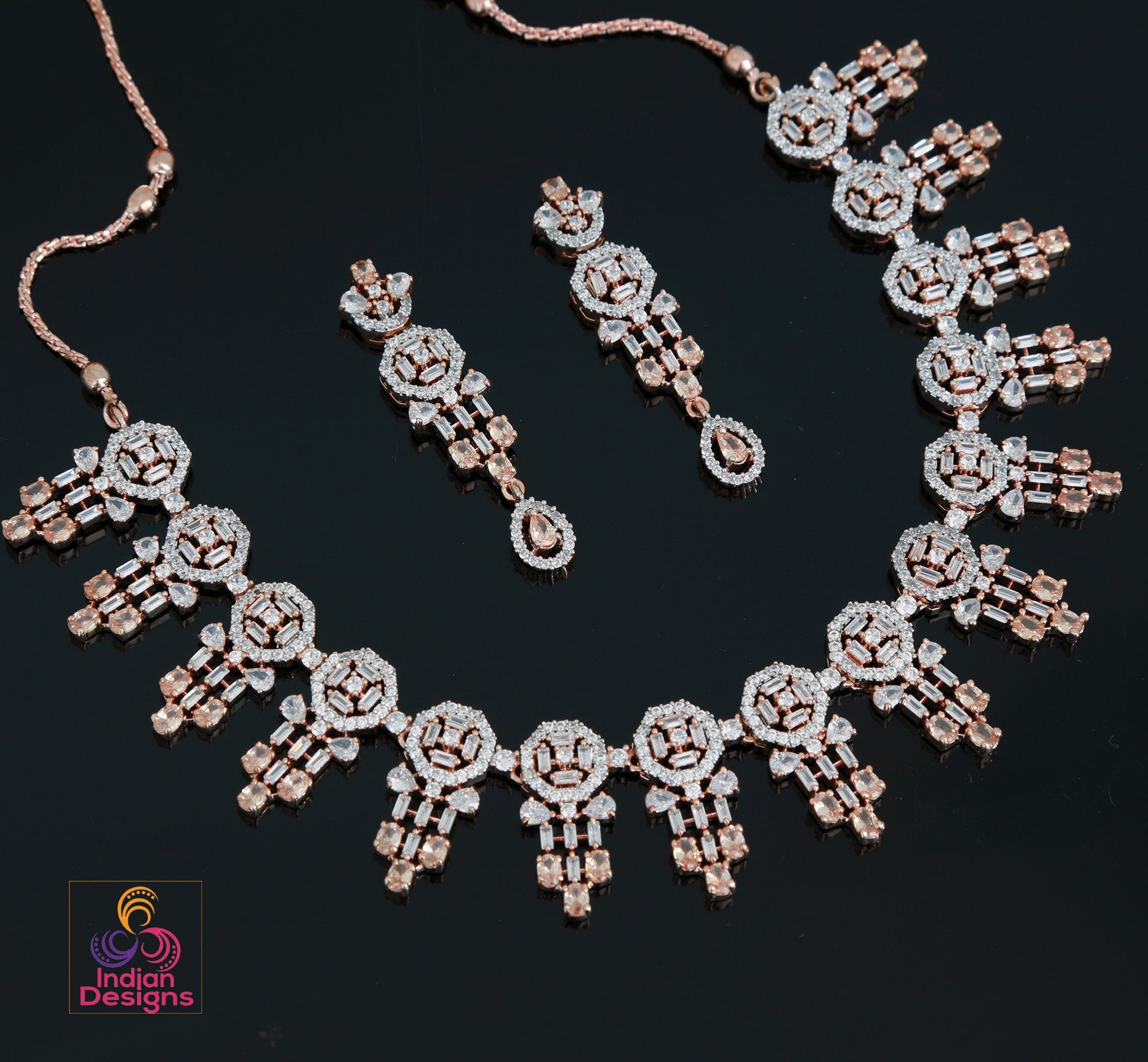 Rose Gold American Diamond Necklace set with Ruby Accents|CZ Diamond Bridal Necklace|Indian, Pakistani,Punjabi wedding jewelry|Gift for her