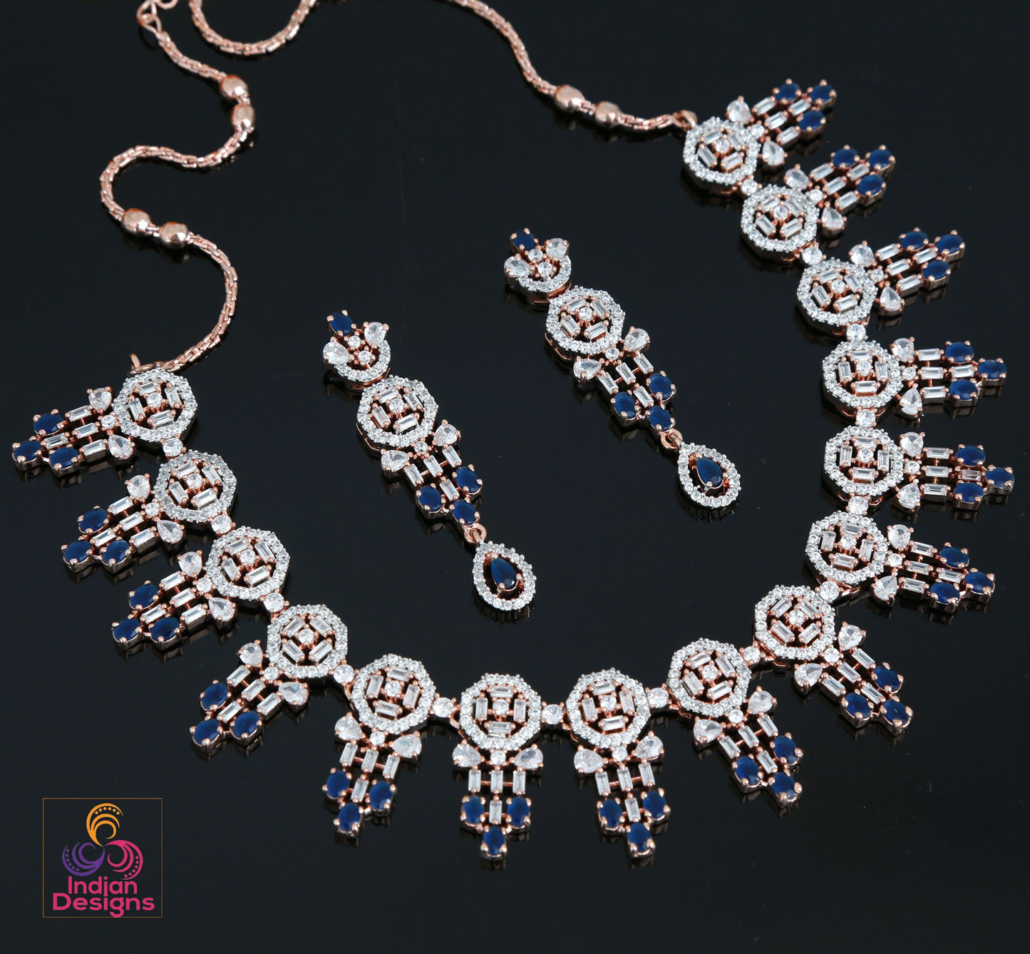 Rose Gold American Diamond Necklace set with Ruby Accents|CZ Diamond Bridal Necklace|Indian, Pakistani,Punjabi wedding jewelry|Gift for her