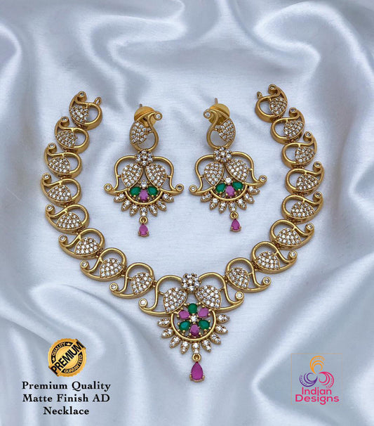 Traditional south Indian style Choker Necklace and Earrings Set with Ruby and Emerald Accents | Indian Temple jewelry designs | Gift for her