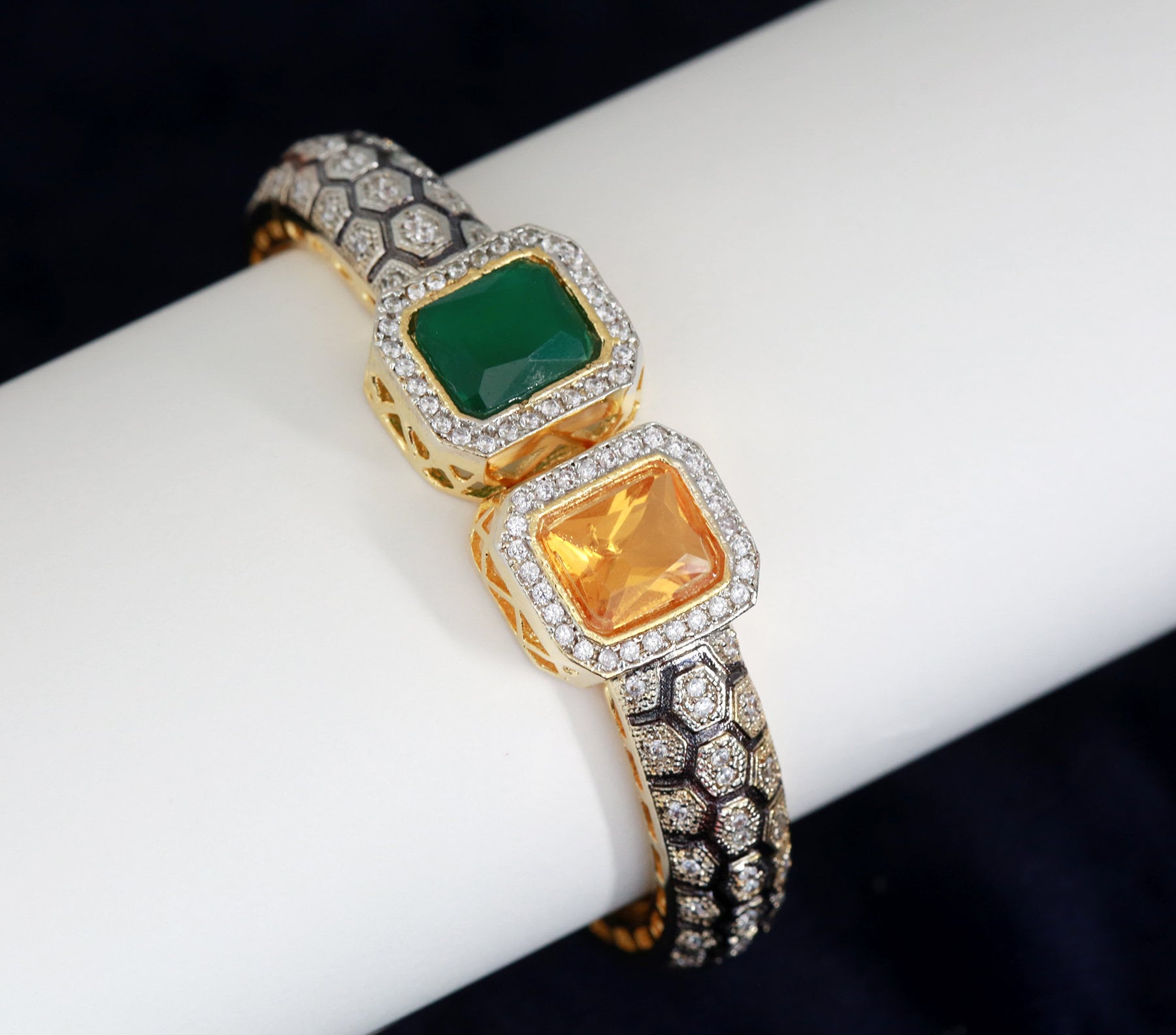 Openable American Diamond kanda bangle | Indian Designs Stylish CZ AD bracelet | Gold Plated Trendy Sapphire Orange stone bangle bracelet
