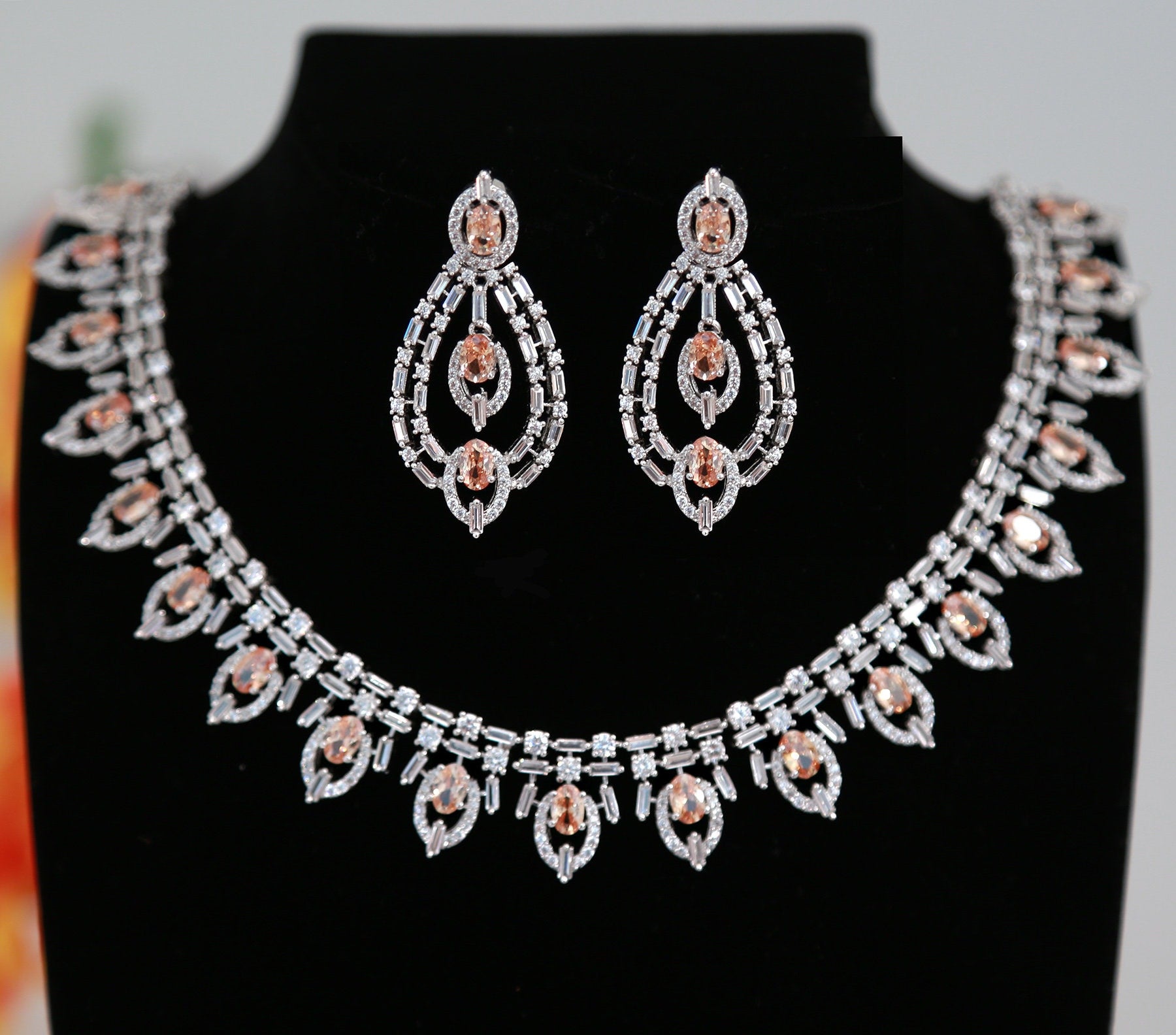 Silver Plated Cubic Zirconia Wedding Necklace, Designer American Diamond Necklace, Indian Wedding 2024 Jewelry for Bride, Ad Necklace Set