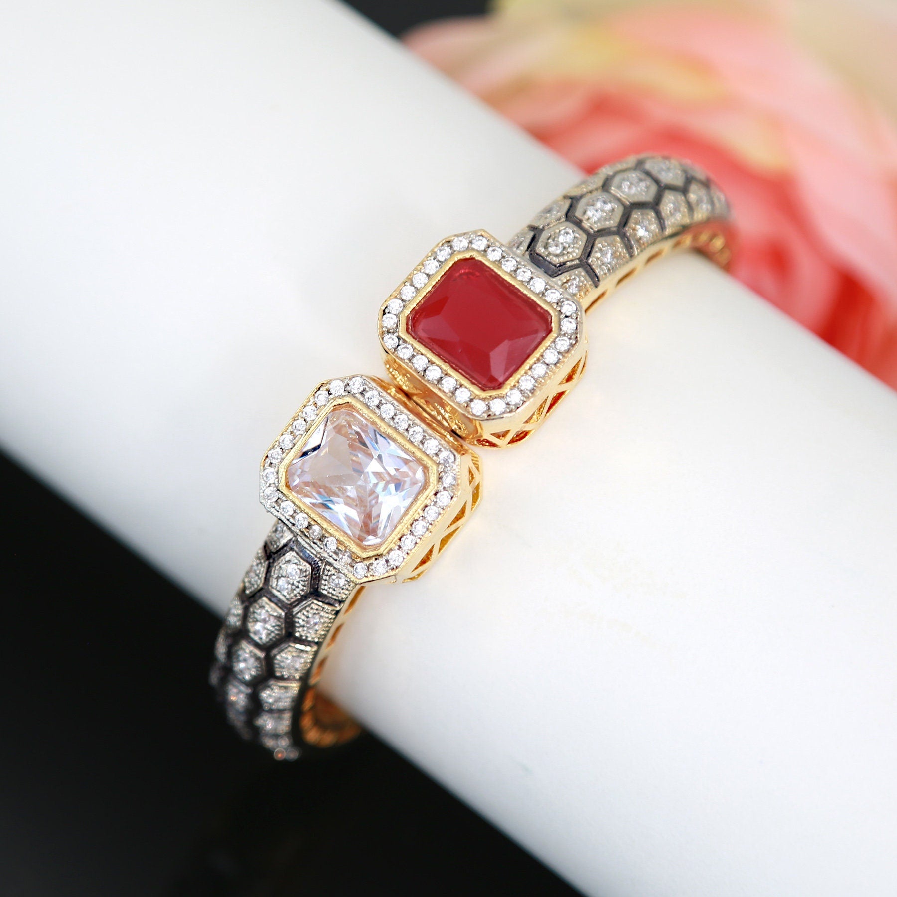 Openable American Diamond kada bangle | Indian Designs Stylish CZ AD bracelet | Gold Plated Trendy Sapphire Orange stone bangle bracelet