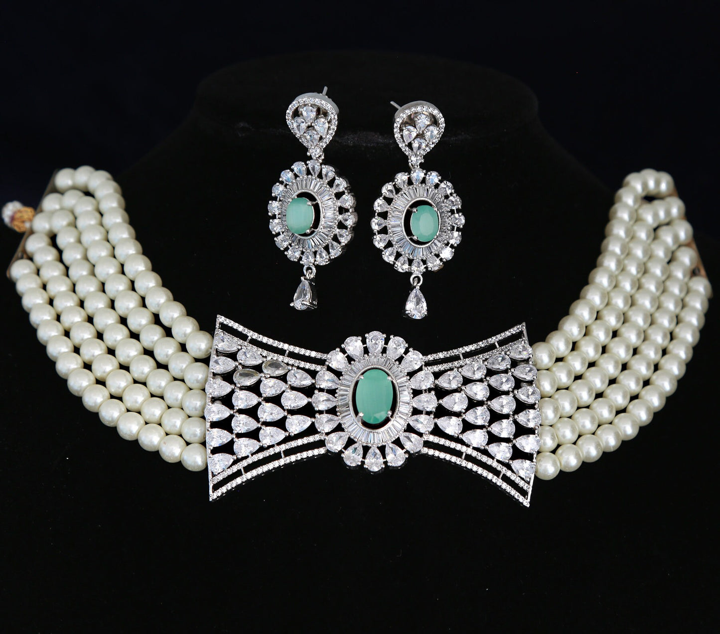 Five Strand Faux Pearls Necklace with Blue CZ Rhinestone Studded Large Centerpiece