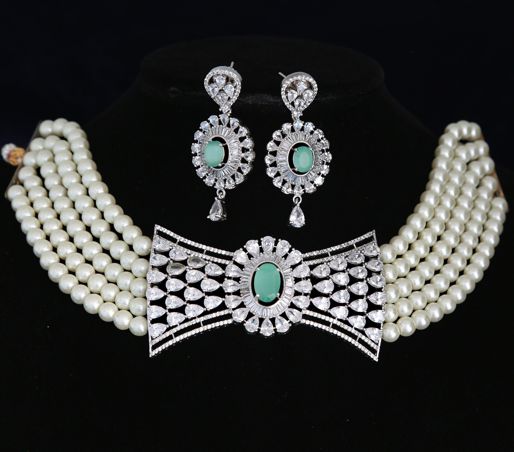 Five Strand Faux Pearls Necklace with Blue CZ Rhinestone Studded Large Centerpiece