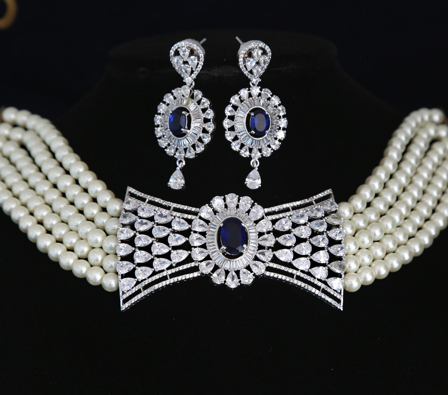 Five Strand Faux Pearls Necklace with Blue CZ Rhinestone Studded Large Centerpiece