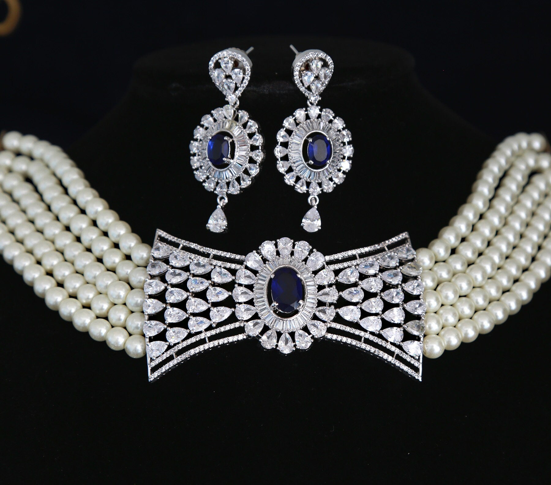 Five Strand Faux Pearls Necklace with Blue CZ Rhinestone Studded Large Centerpiece