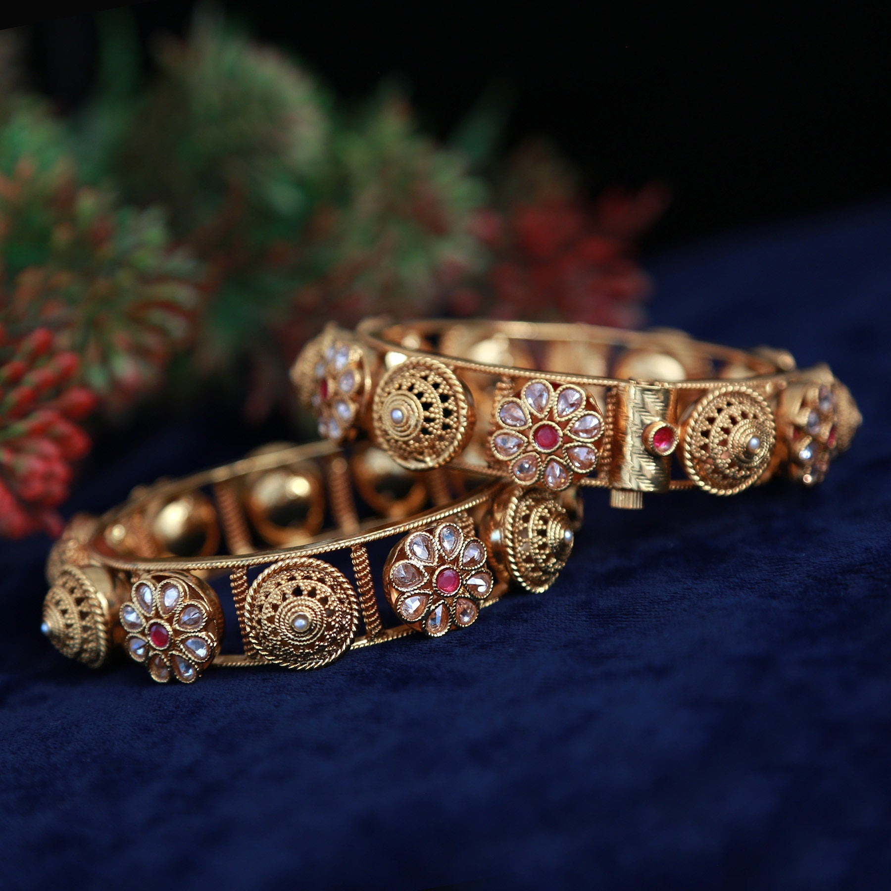 Gold plated Kundan kada bangles for ladies |Openable Polki kada bangle | Pair of Indian Wedding bangles studded with Ruby white round stones