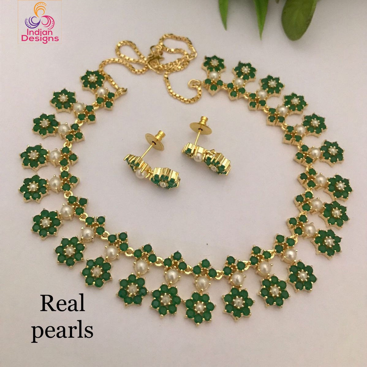 Elegant Floral Gemstone Necklace and Earrings Set with Real Pearls