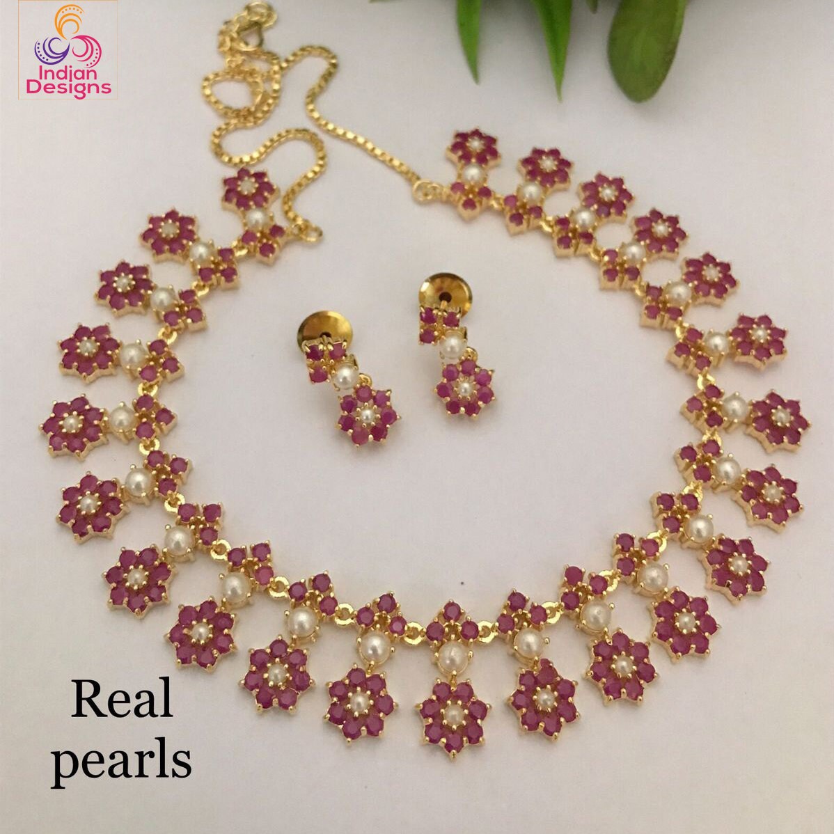 Elegant Floral Gemstone Necklace and Earrings Set with Real Pearls