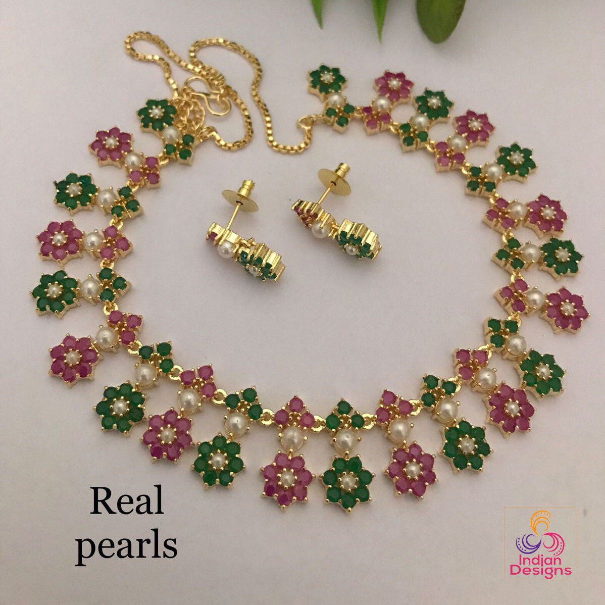 Elegant Floral Gemstone Necklace and Earrings Set with Real Pearls