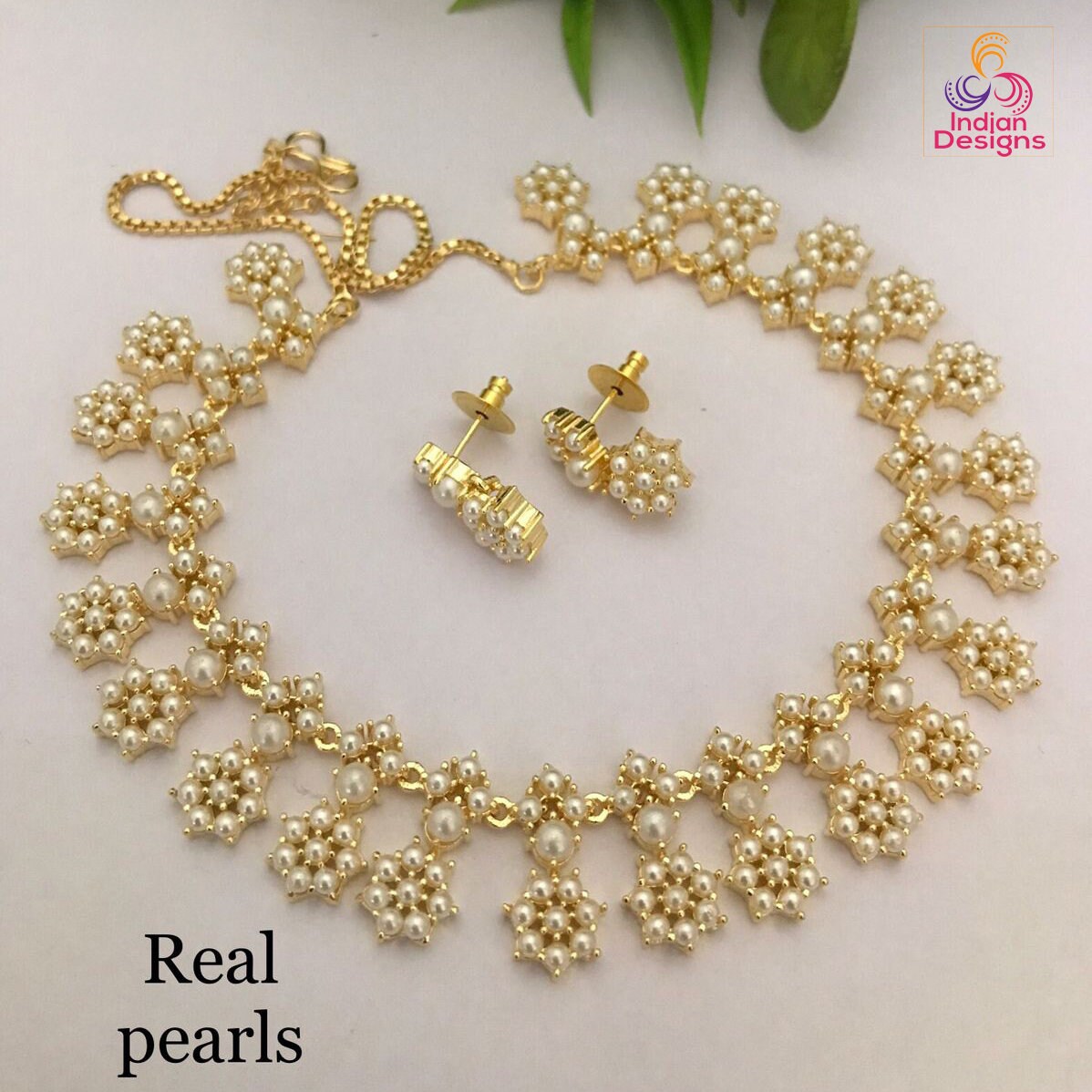 Elegant Floral Gemstone Necklace and Earrings Set with Real Pearls