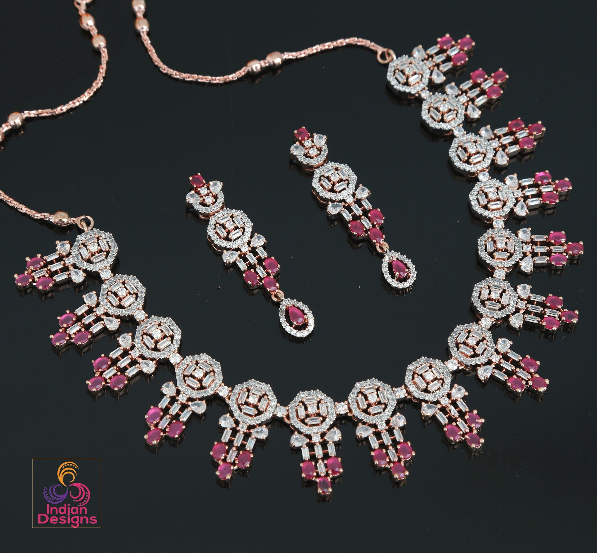 Rose Gold American Diamond Necklace set with Ruby Accents|CZ Diamond Bridal Necklace|Indian, Pakistani,Punjabi wedding jewelry|Gift for her