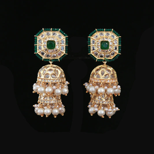 Gold Plated Green Color Kundan Jhumka Earrings| Polki Two Step jhumka Jhumki| South Indian style Wedding jewelry Earrings |Gift for her