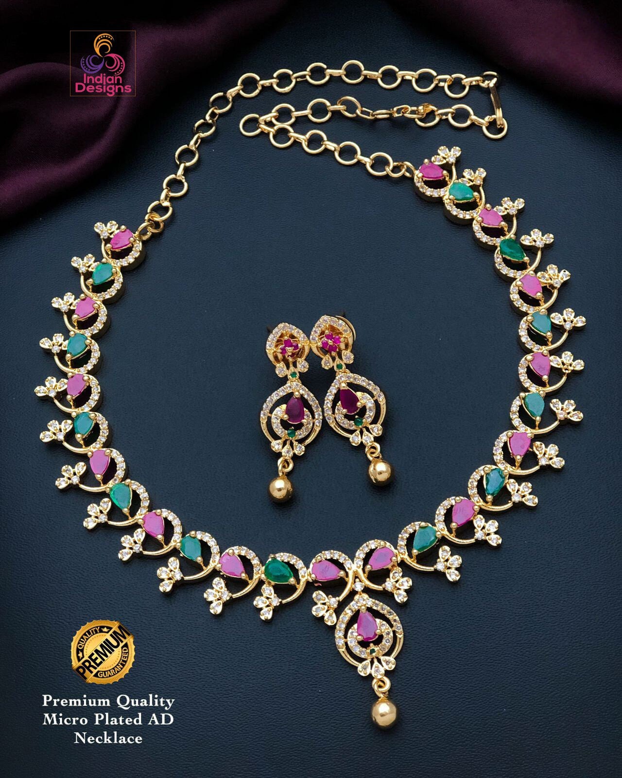 Elegant American Diamond Gold tone Necklace and Earrings| Emerald Ruby CZ Diamond choker| Indian jewelry Statement Necklace| Gift for her