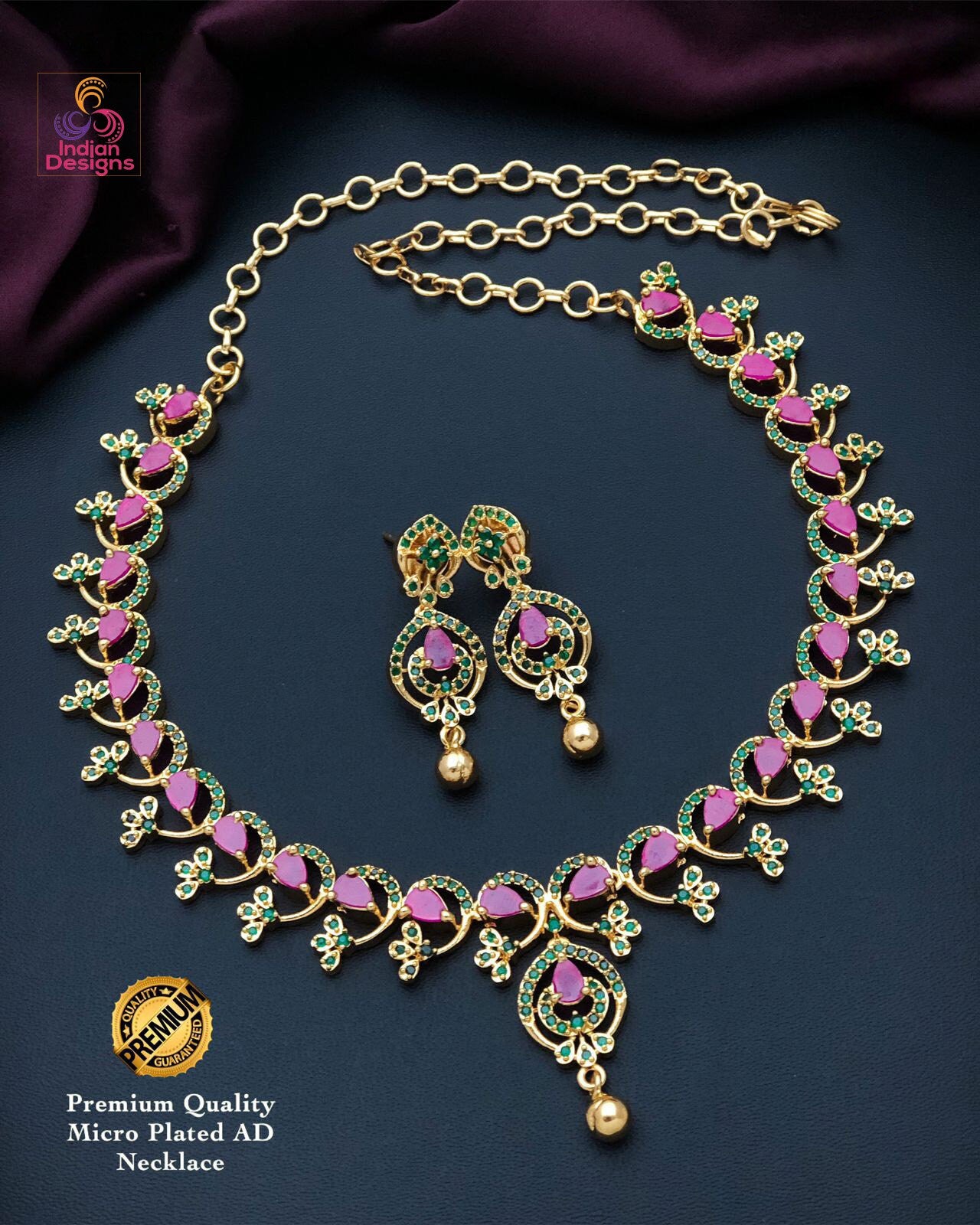 Elegant American Diamond Gold tone Necklace and Earrings| Emerald Ruby CZ Diamond choker| Indian jewelry Statement Necklace| Gift for her