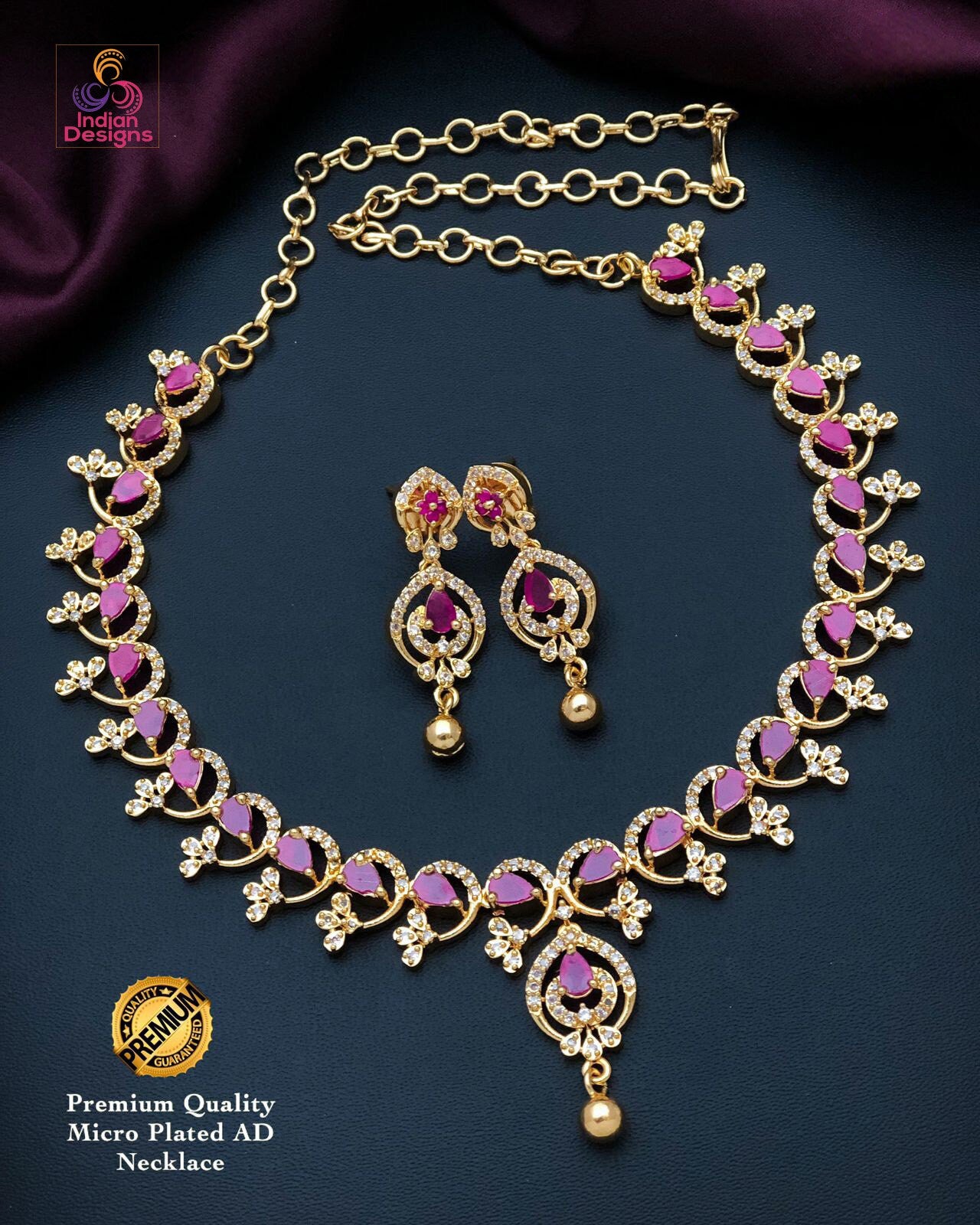 Elegant American Diamond Gold tone Necklace and Earrings| Emerald Ruby CZ Diamond choker| Indian jewelry Statement Necklace| Gift for her