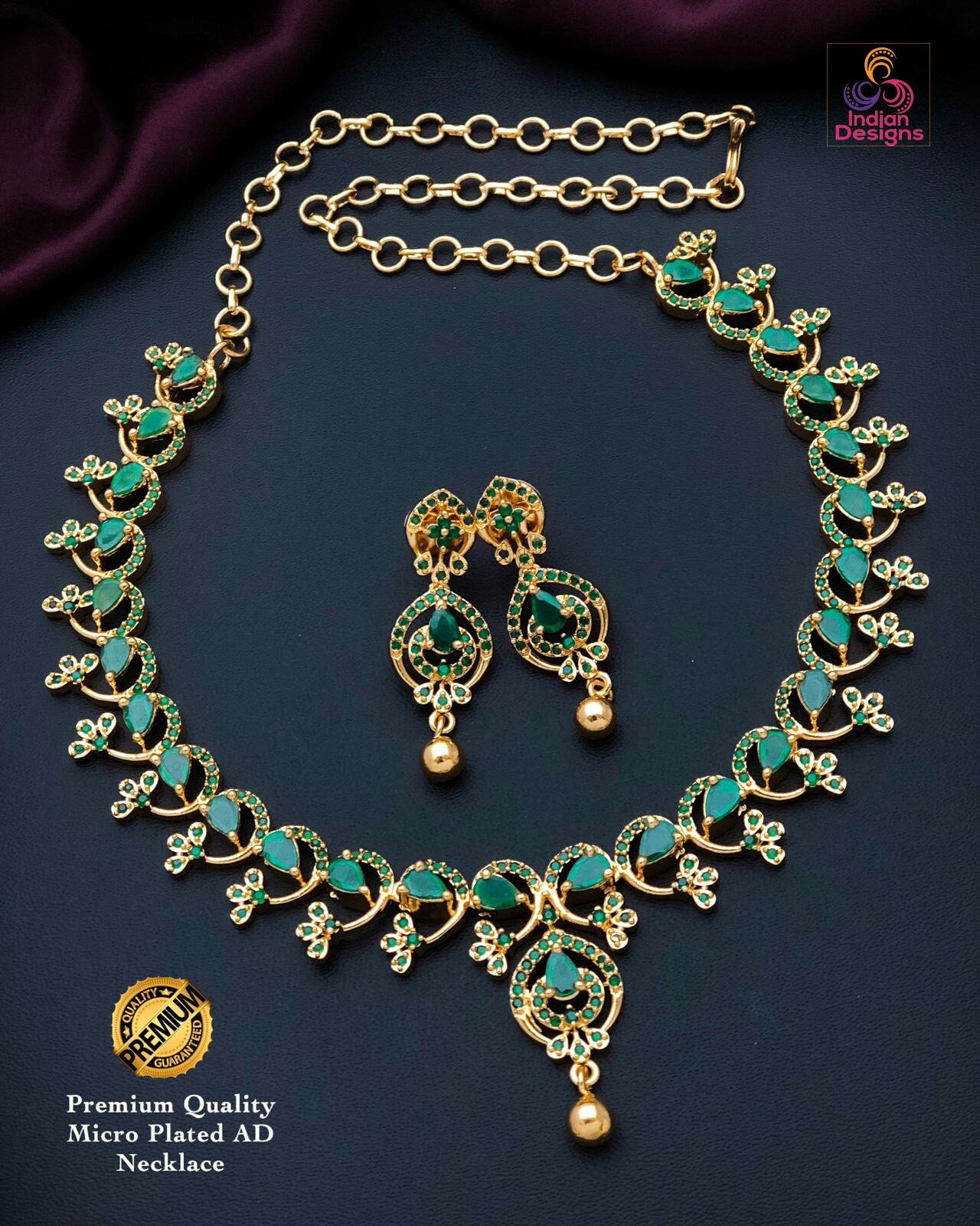 Elegant American Diamond Gold tone Necklace and Earrings| Emerald Ruby CZ Diamond choker| Indian jewelry Statement Necklace| Gift for her