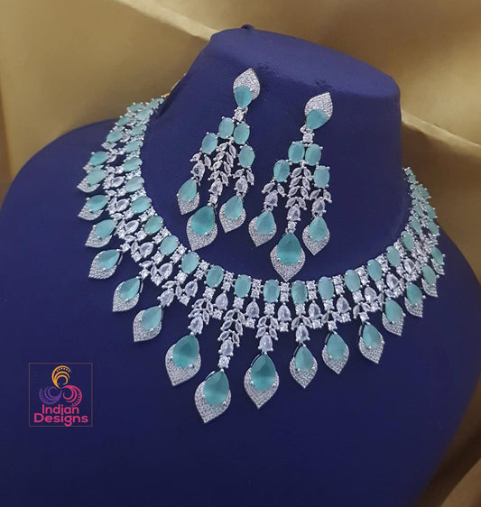 Silver American Diamond necklace Earring set| Statement necklace| Cz Crystal Wedding jewelry| Indian Bollywood Style Jewelry| Gift for her