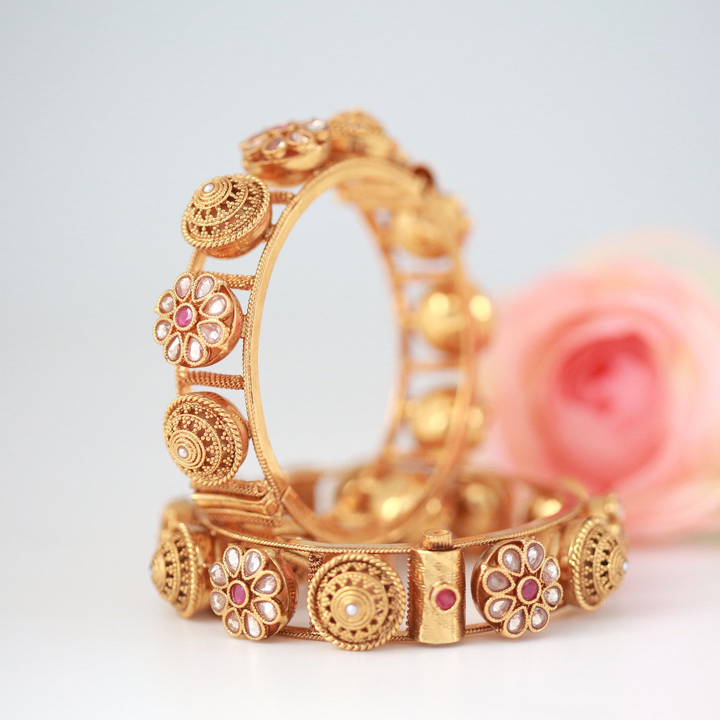 Gold plated Kundan kada bangles for ladies |Openable Polki kada bangle | Pair of Indian Wedding bangles studded with Ruby white round stones