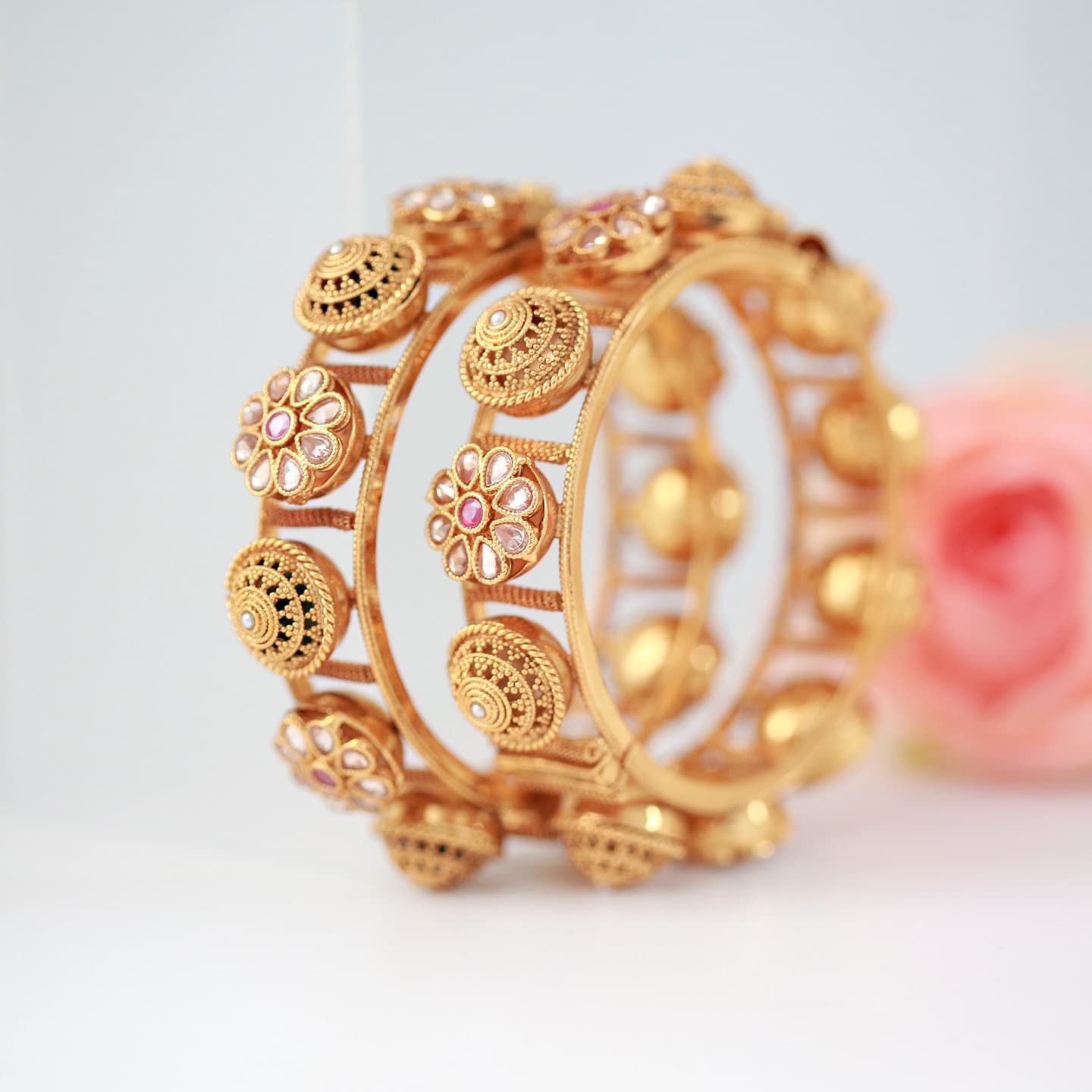 Gold plated Kundan kada bangles for ladies |Openable Polki kada bangle | Pair of Indian Wedding bangles studded with Ruby white round stones