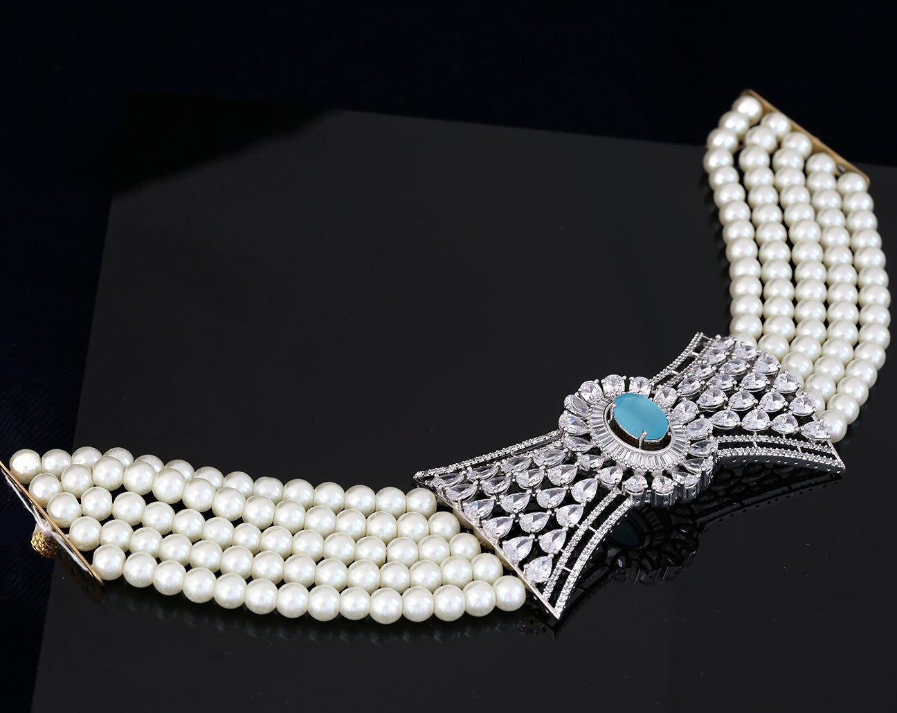 Five Strand Faux Pearls Necklace with Blue CZ Rhinestone Studded Large Centerpiece