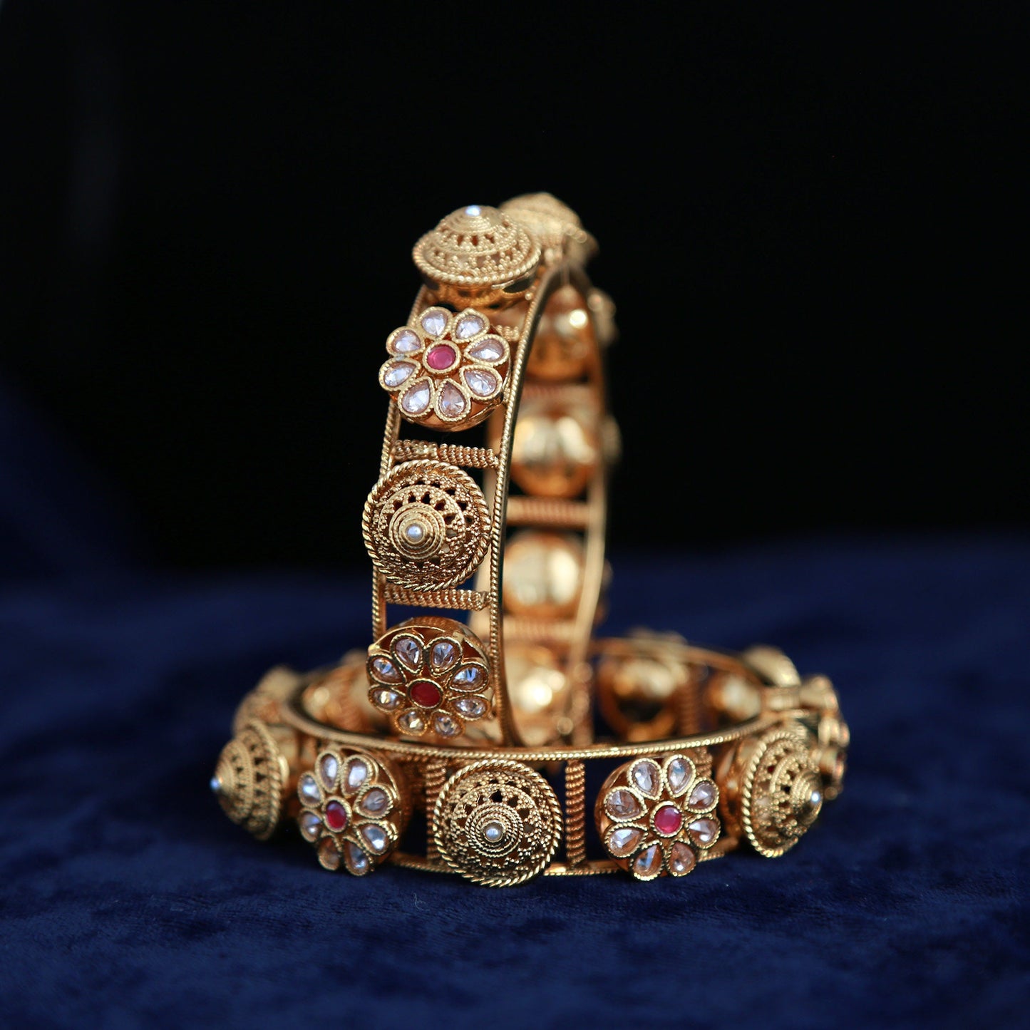 Gold plated Kundan kada bangles for ladies |Openable Polki kada bangle | Pair of Indian Wedding bangles studded with Ruby white round stones