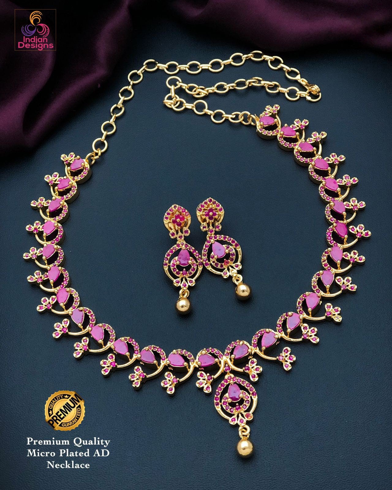 Elegant American Diamond Gold tone Necklace and Earrings| Emerald Ruby CZ Diamond choker| Indian jewelry Statement Necklace| Gift for her