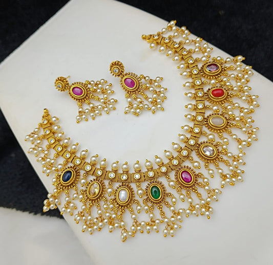 Gold plated Navratna Necklace & matching Earrings with Pearl drops| Antique Temple Jewelry| Ethnic Indian Wedding Jewelry Set|Gift for her