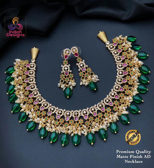 Gold Plated Ruby Green Flower Design Choker necklace|South Indian style AD Necklace Earring set| Indian Bollywood Wedding Statement jewelry