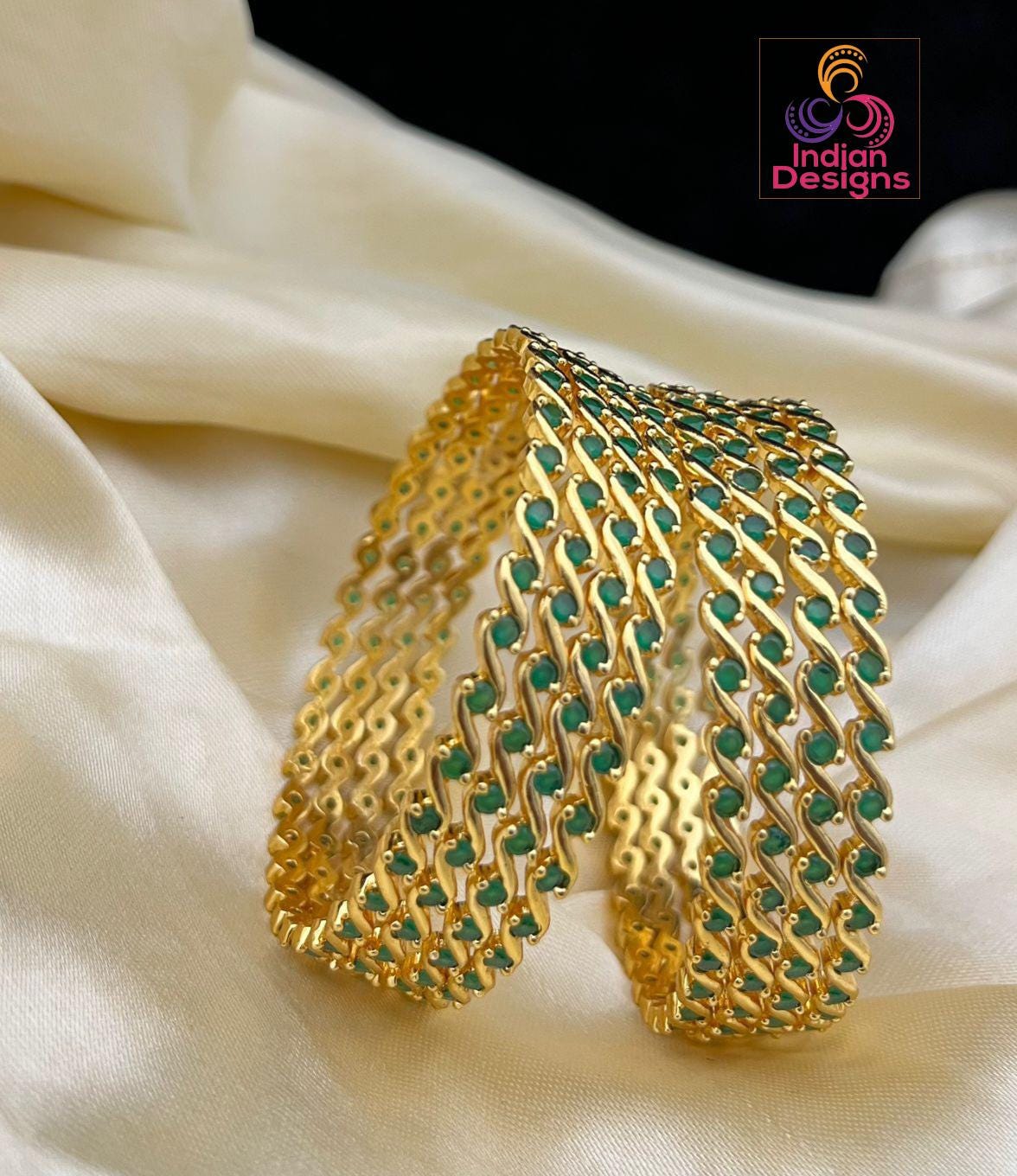 Stylish Zig Zag Design set bangles 8Ps|Gold plated AD stone bangles| Gold plated American diamond bangles| Small Green Emerald stone bangles