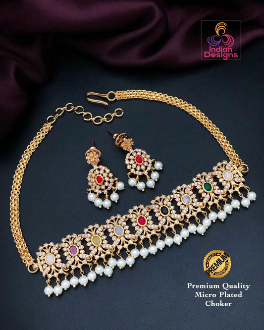 Gold plated American Diamond Pink stone Choker with Pearl Drops| Trendy South Indian style Fashion Jewelry| Ruby, Emerald Butterfly Necklace