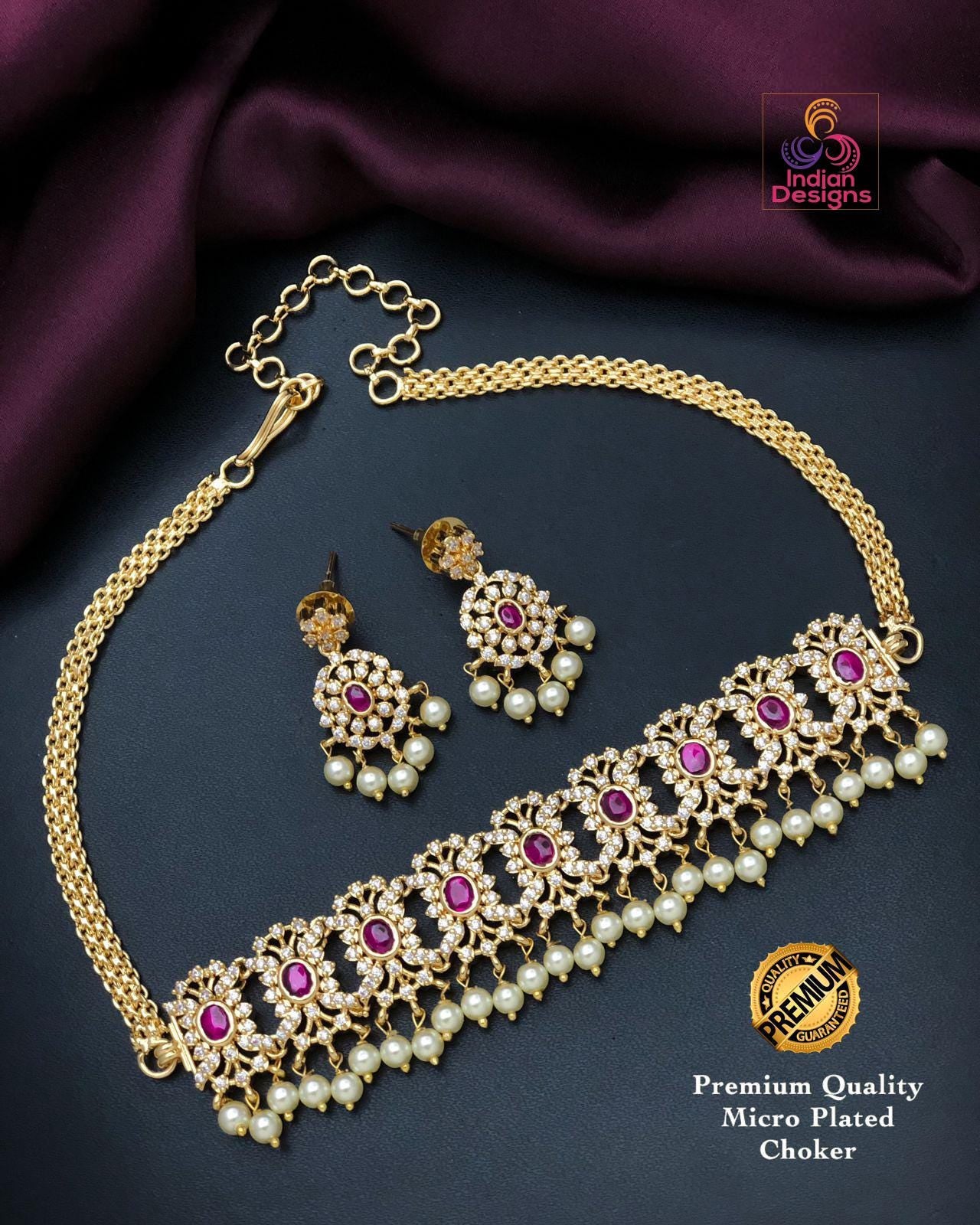 Gold plated American Diamond Pink stone Choker with Pearl Drops| Trendy South Indian style Fashion Jewelry| Ruby, Emerald Butterfly Necklace