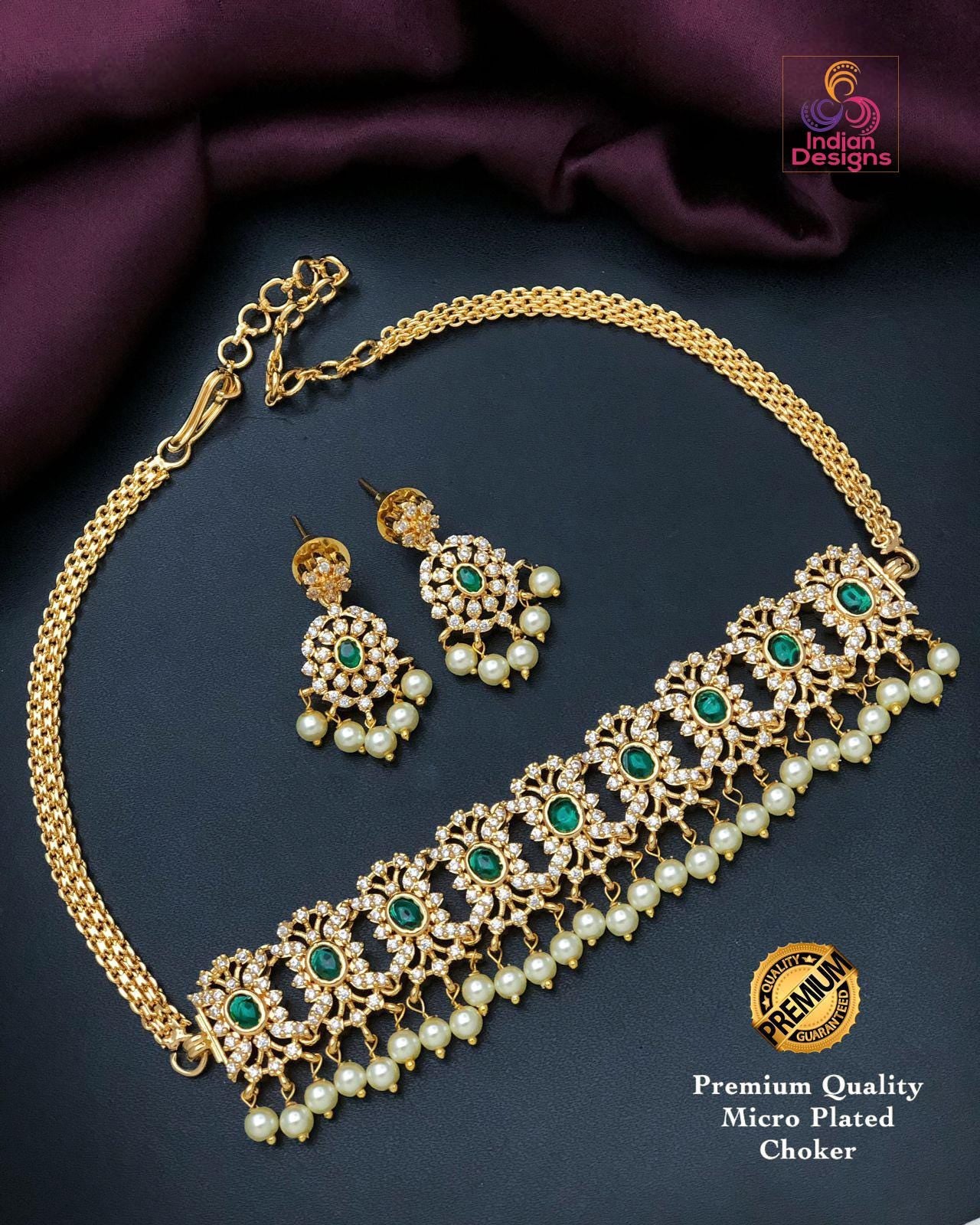 Gold plated American Diamond Pink stone Choker with Pearl Drops| Trendy South Indian style Fashion Jewelry| Ruby, Emerald Butterfly Necklace