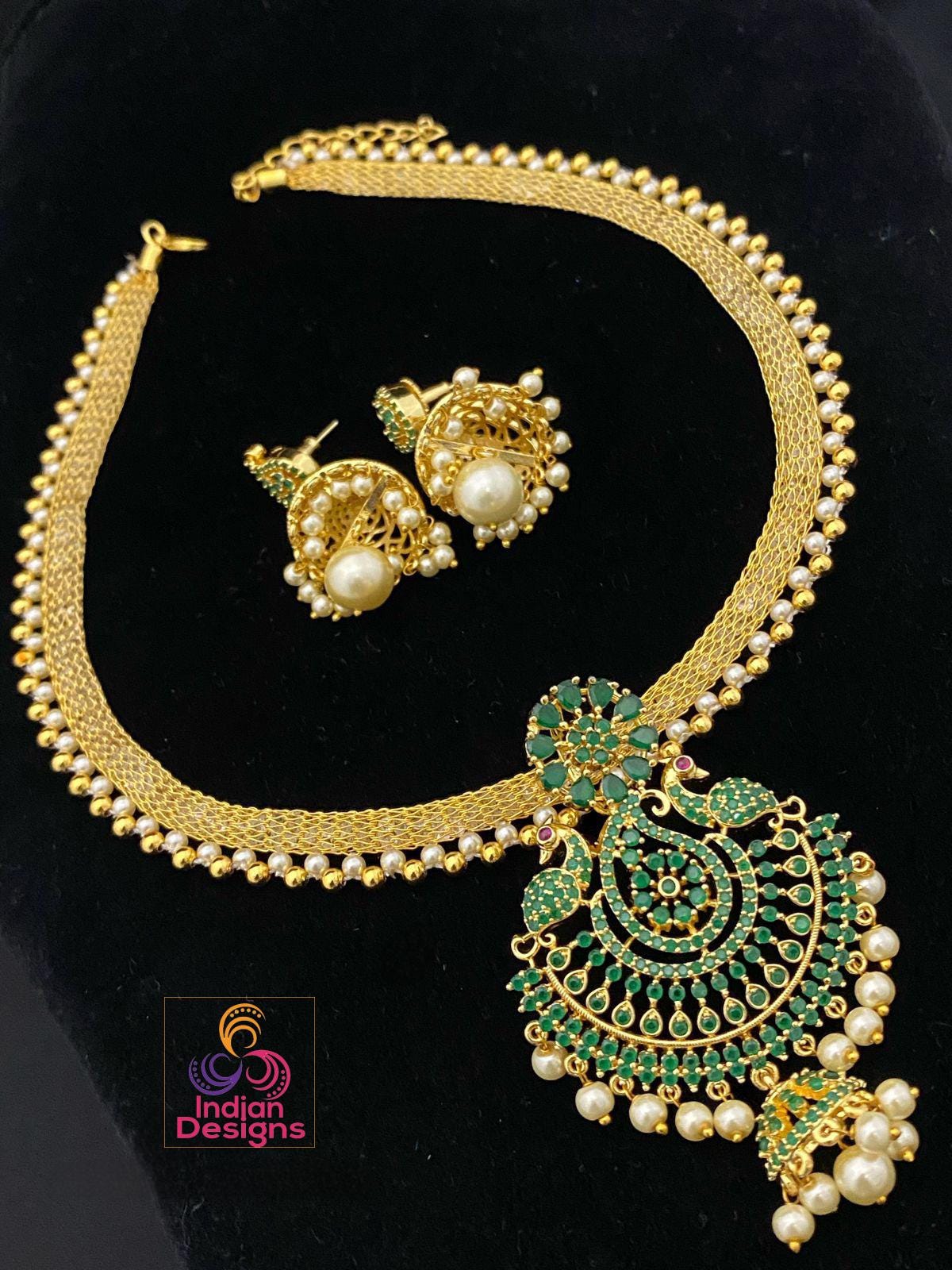 Traditional Gold Plated American Diamond necklace set with Pearl Drops| South Indian Style Fashion Jewelry| 1 gram gold CZ necklace Earrings