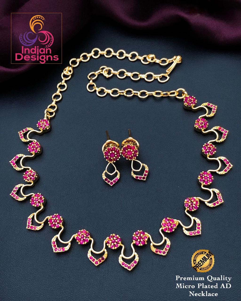 Gold-Plated American diamond necklace set with earrings| Floral Design CZ Choker necklace| Indian jewelry store online |South Indian style